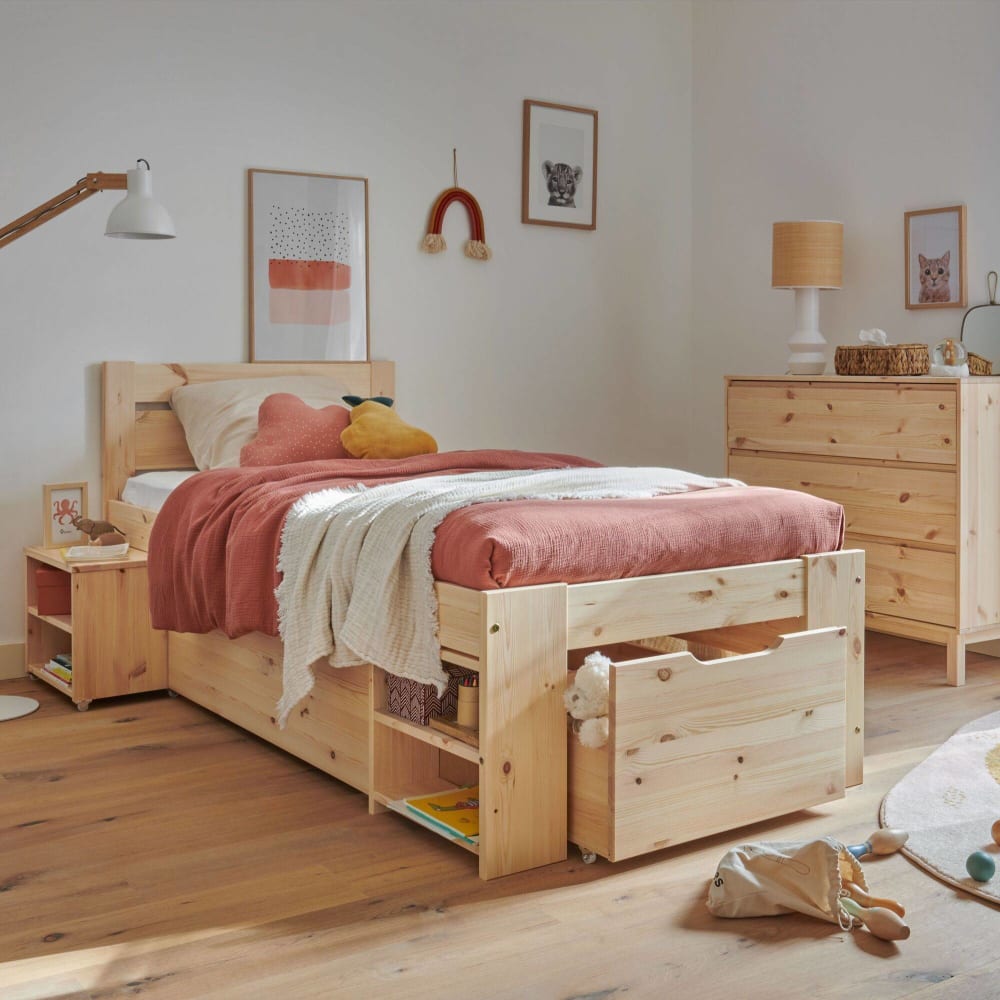 Lit enfant et ses 3 tiroirs en bois naturel (CAMIF) - Image 1