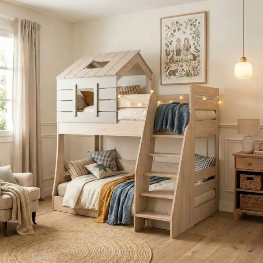 Lit superposé Montessori escalier droit  gris  229x207x149cm