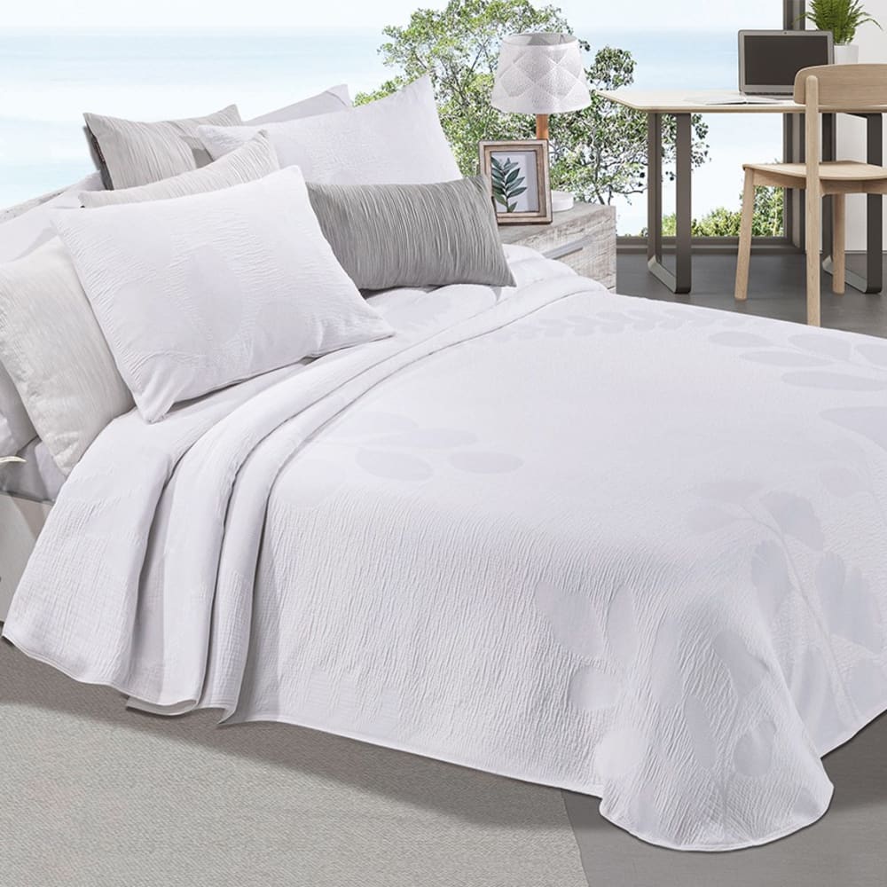 Set colcha cubrecama jacquard algodón hojas blanco cama 180cm