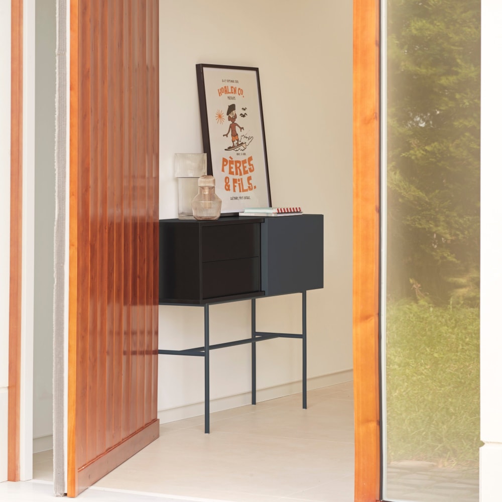 Console 2 tiroirs porte coulissante laquée noir  gris 110x90 cm