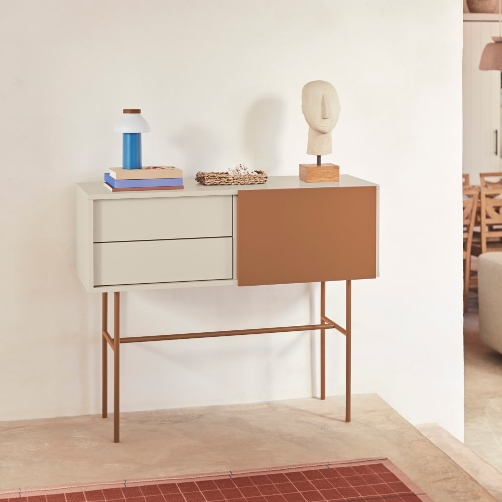 Console avec 2 tiroirs et porte coulissante laquée sable 110x90 cm