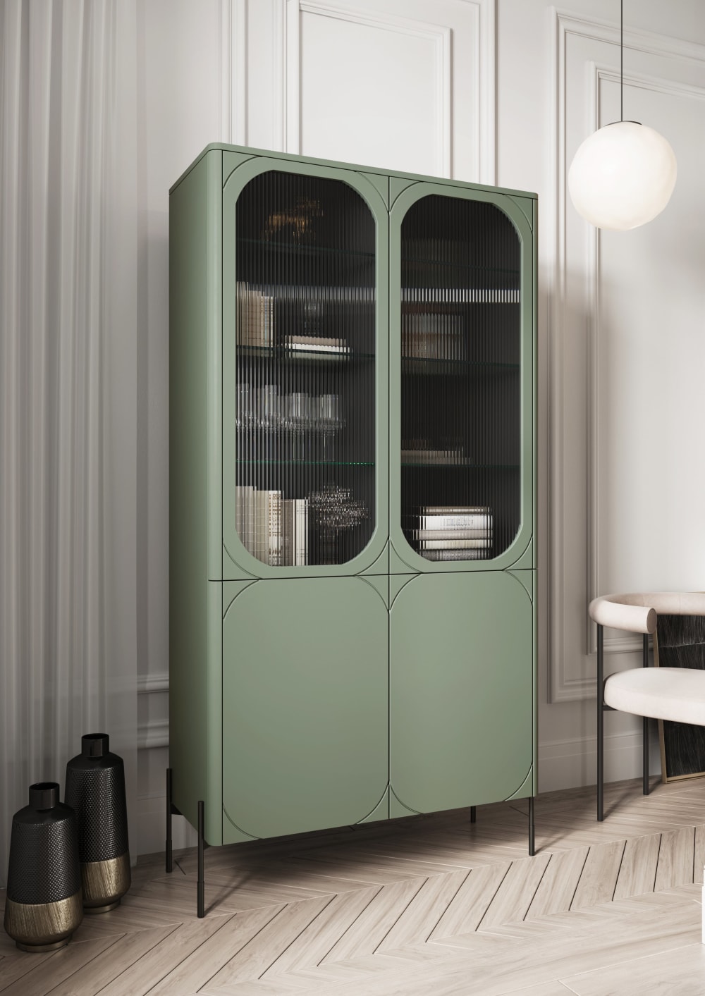Vitrine 2 portes avec pied en métal vert olive 104x200 cm