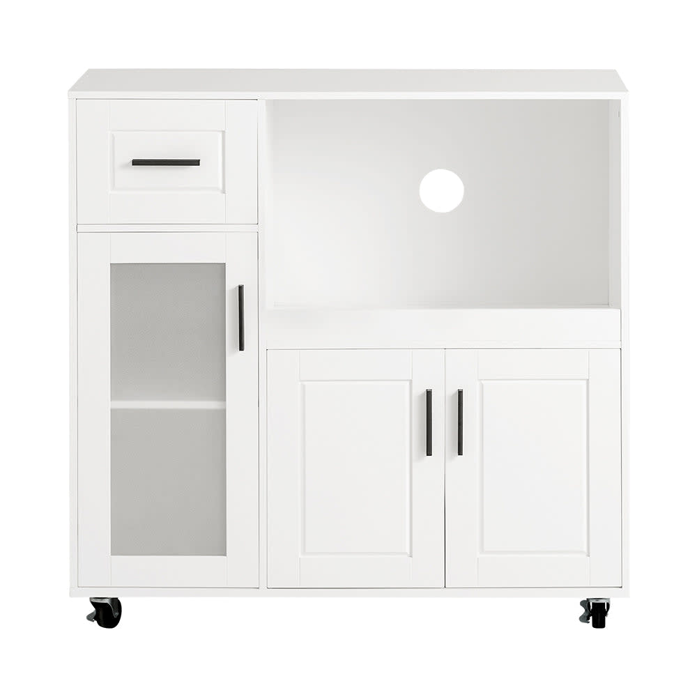SoBuy Sideboard auf Rollen mit Mikrowellenregal und Türen Holz Weiß Weiß Spanplatte