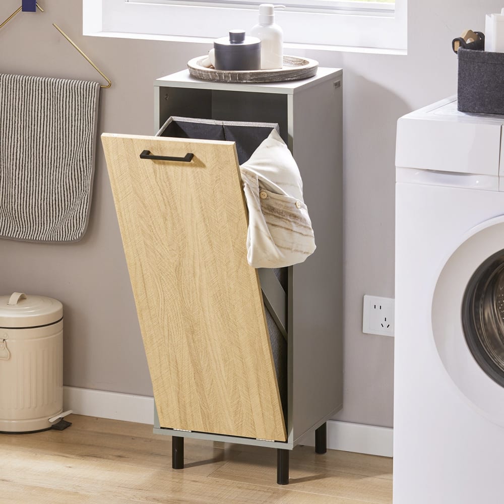Meuble bas de salle de bain avec 1 panier à linge effet bois gris — vue 3