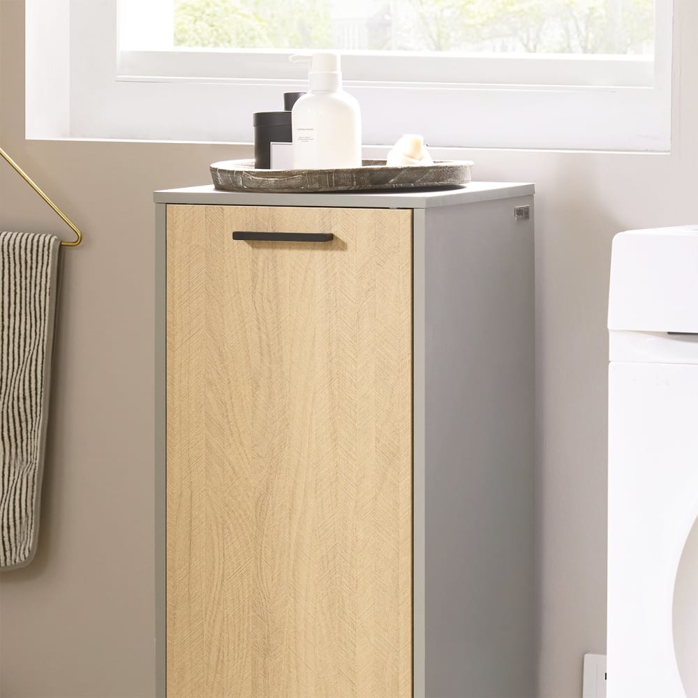 Meuble bas de salle de bain avec 1 panier à linge effet bois gris — vue 4