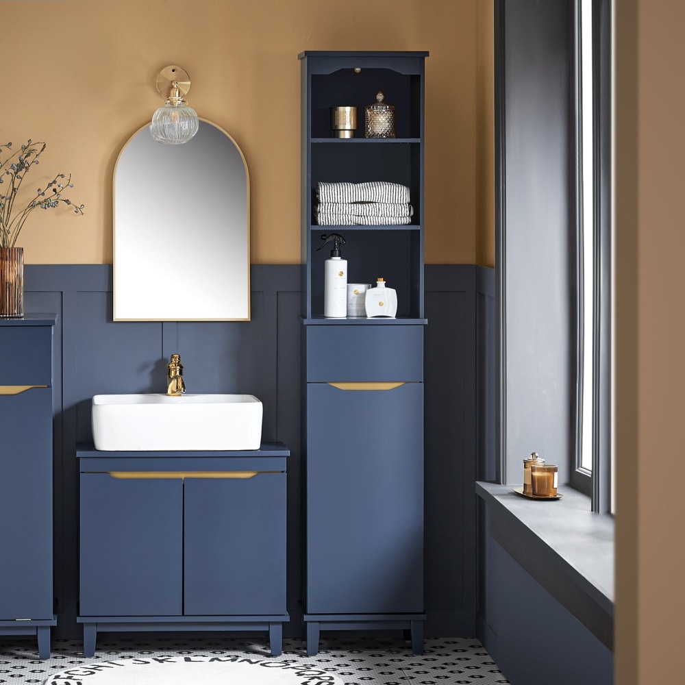 Hochschrank mit 1 Tür und 3 Ablagen Holz Blau - Maisons Du Monde