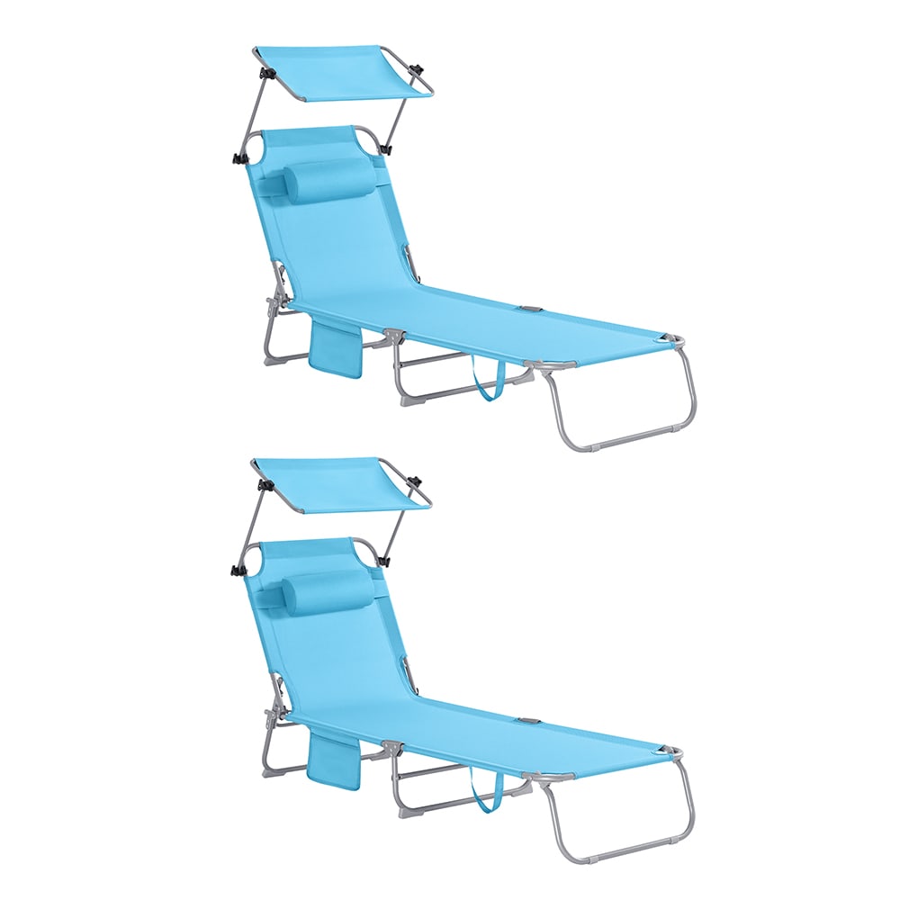 Lot de 2 bains de soleil pliable position réglable avec parasol bleu