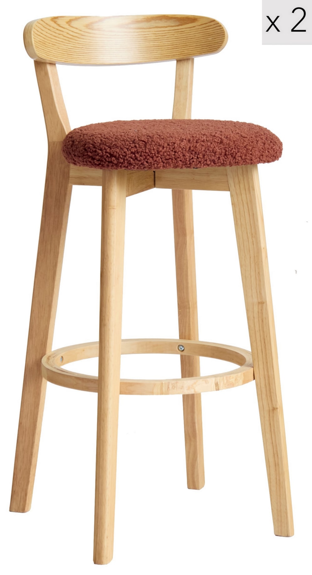 Lot de 2 tabourets de bar en hévéa et bouclettes terracotta - Maisons du Monde