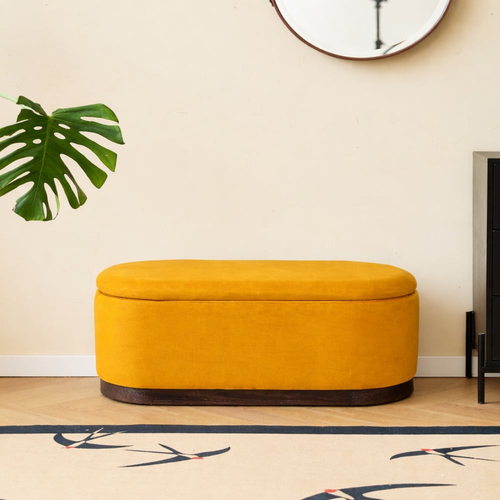 Banc coffre avec rangement en velours jaune moutarde