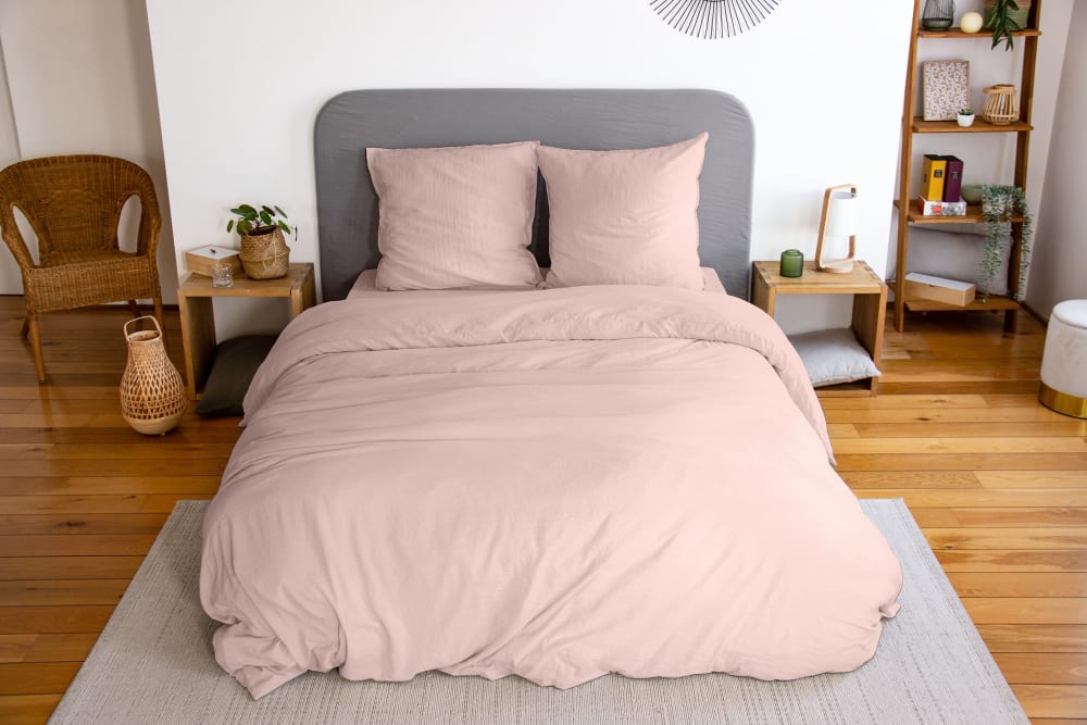 Parure de lit 100% microfibre lavée rose poudré 240 x 260 cm