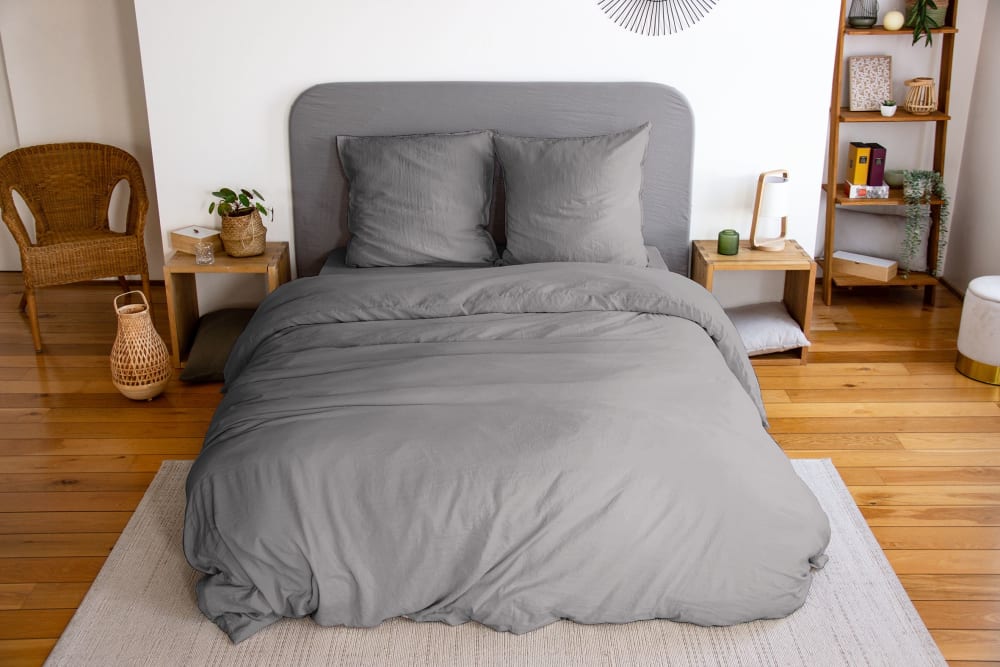 Côté Déco Parure de lit 100% microfibre lavée anthracite 240 x 260 cm style contemporain Gris Certifié Oeko-Tex Coton
