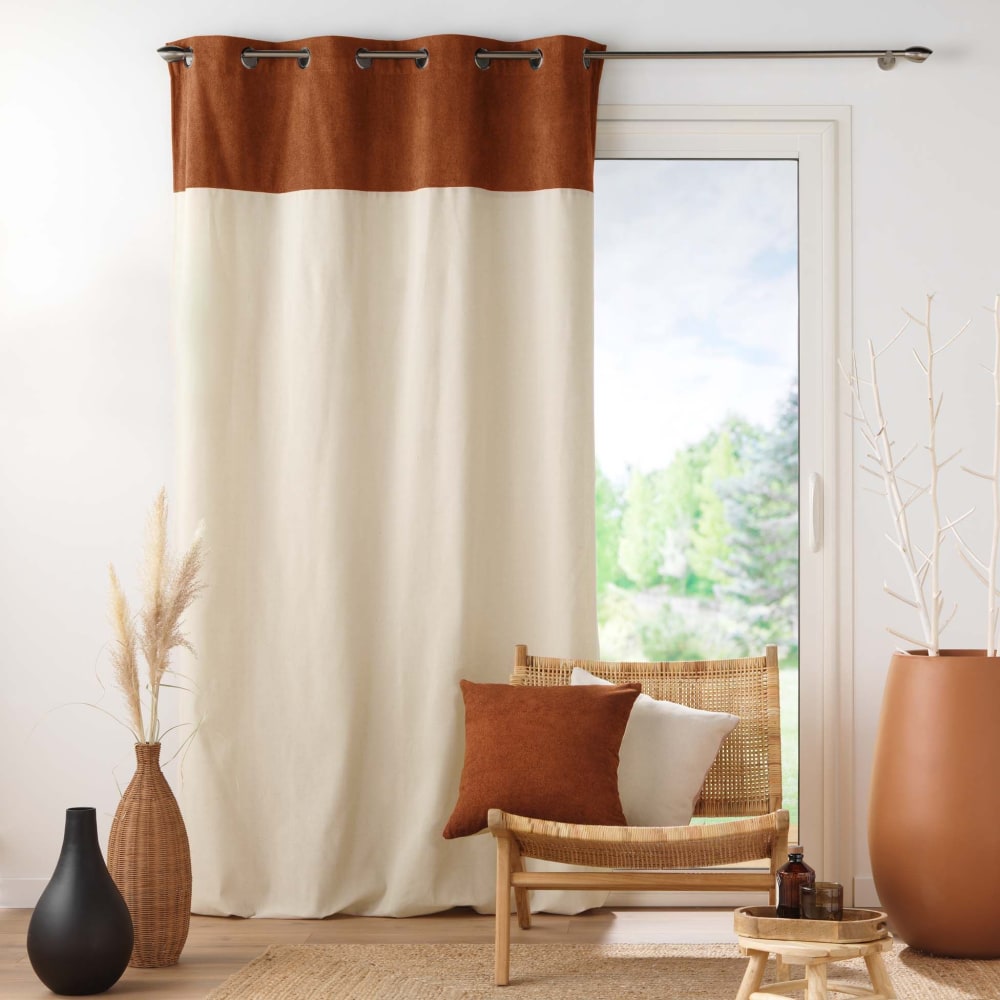 Rideau à œillets avec top en bouclette unie écru et camel 140 x 240 cm