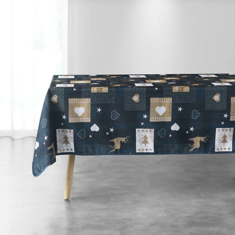 Nappe rectangulaire antitache motif cœurs bleu - 150 x 240 cm
