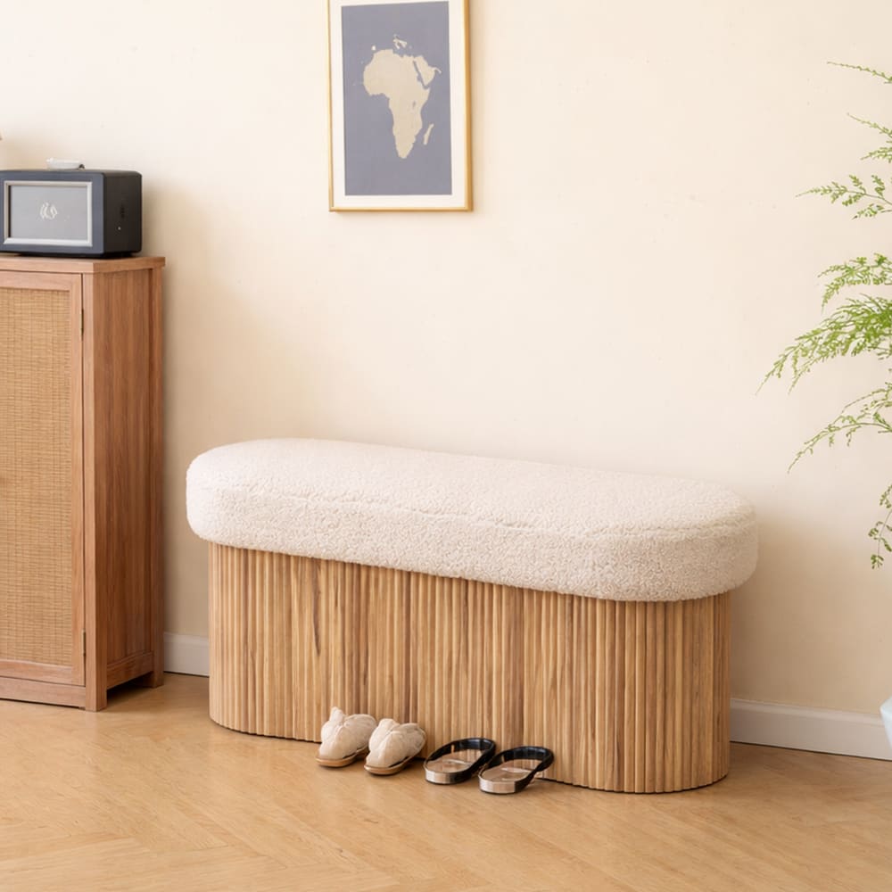 Banc coffre avec rangement en bouclettes blanches