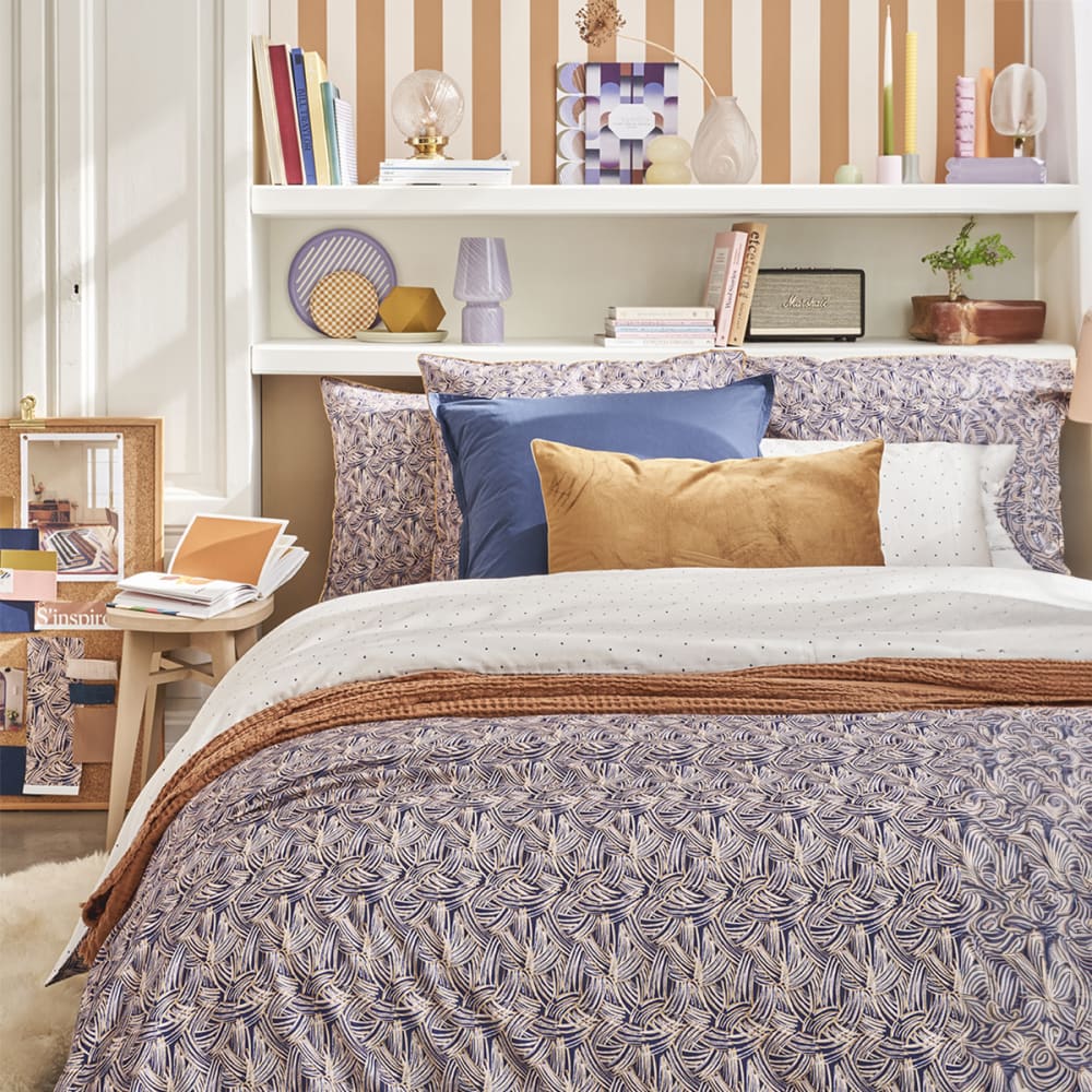 Housse de couette imprimée en satin de coton bleu 200x200