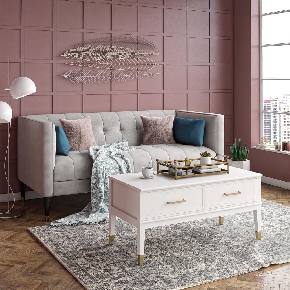 Table basse avec plateau relevable en mélaminé blanc