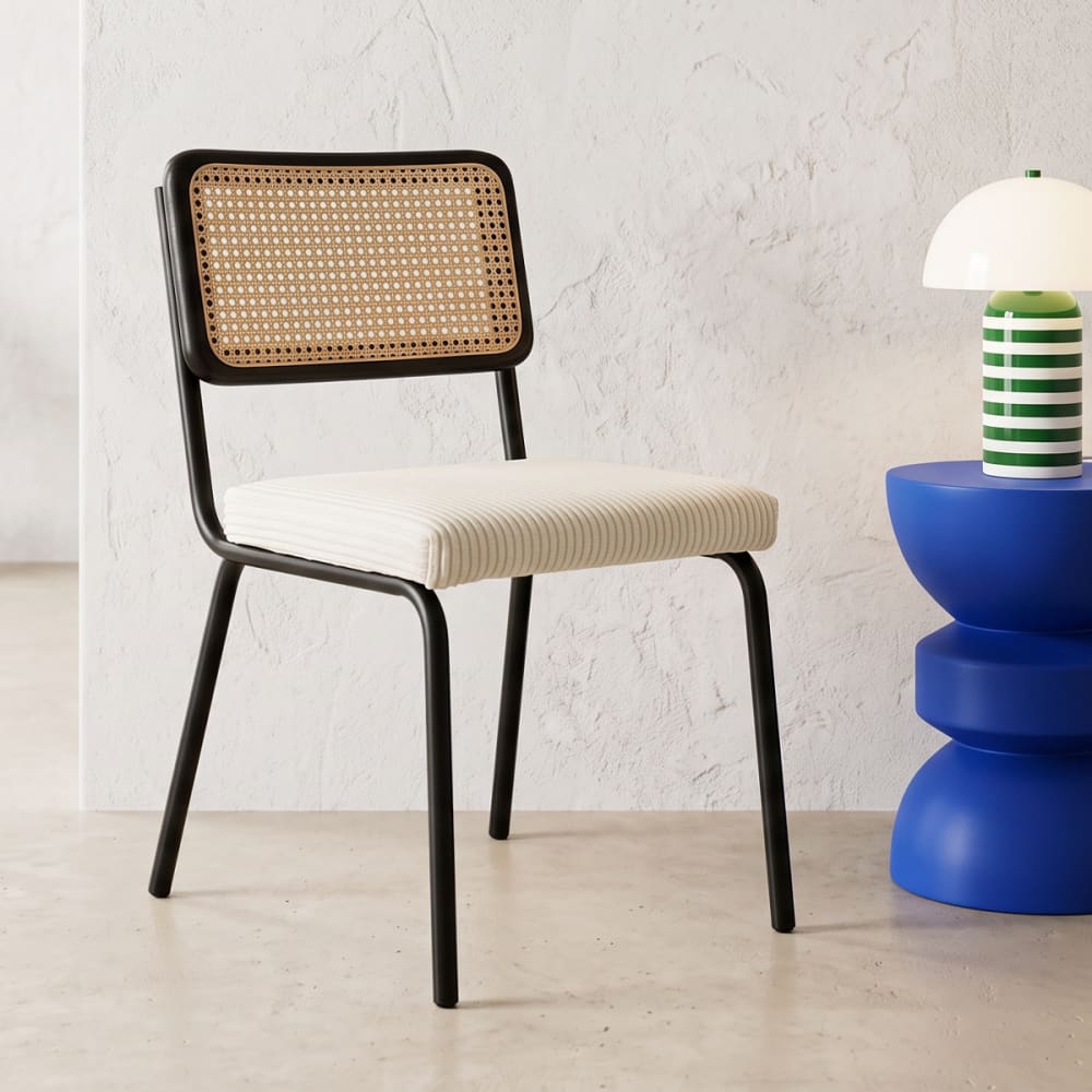Lot de 2 chaises noires, cannage et velours côtelé beige