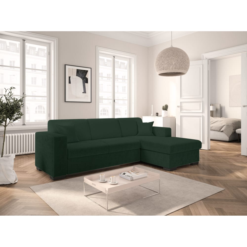 Canapé d'angle droit convertible et coffre en tissu bouclette - Vert