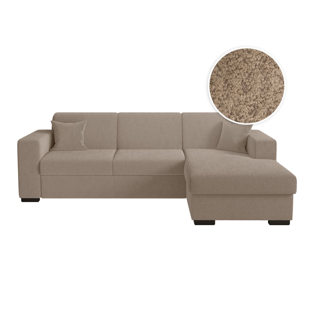 Canapé d'angle droit convertible et coffre en tissu bouclette - Taupe