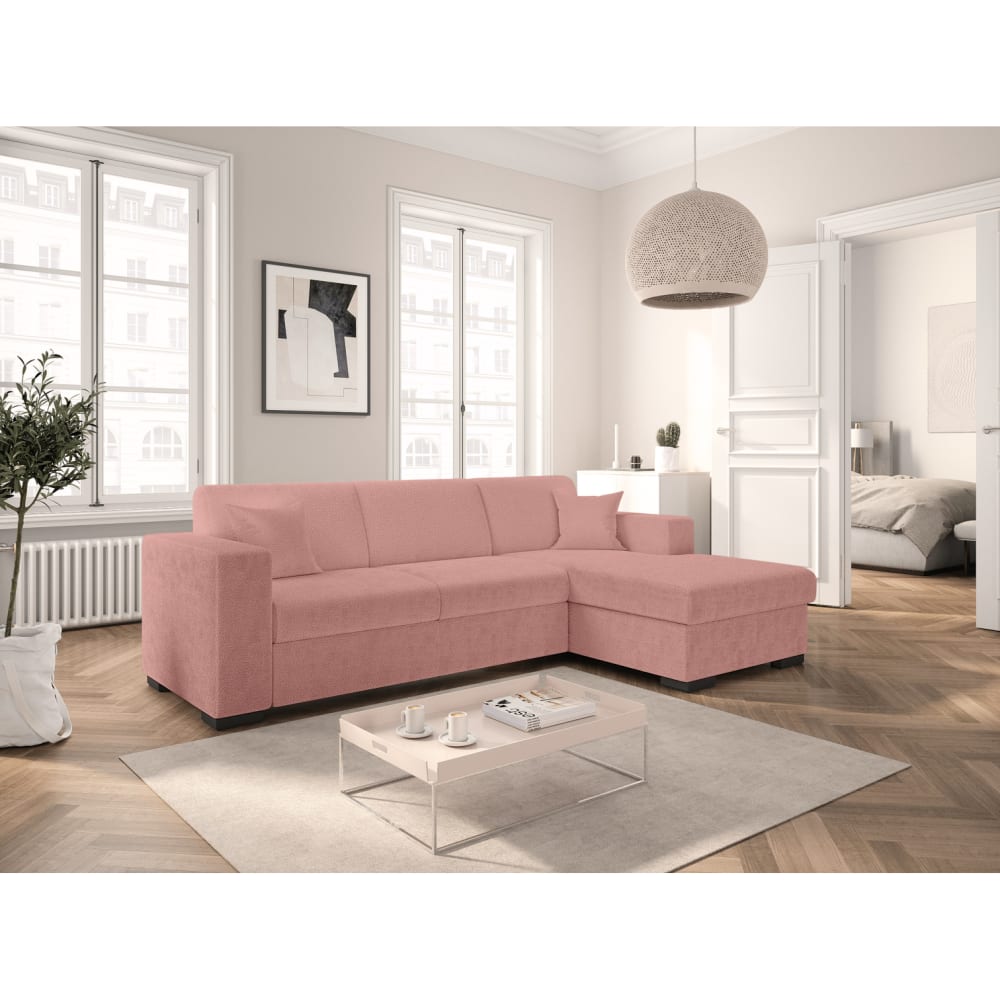 Canapé d'angle droit convertible et coffre en tissu bouclette - Rose