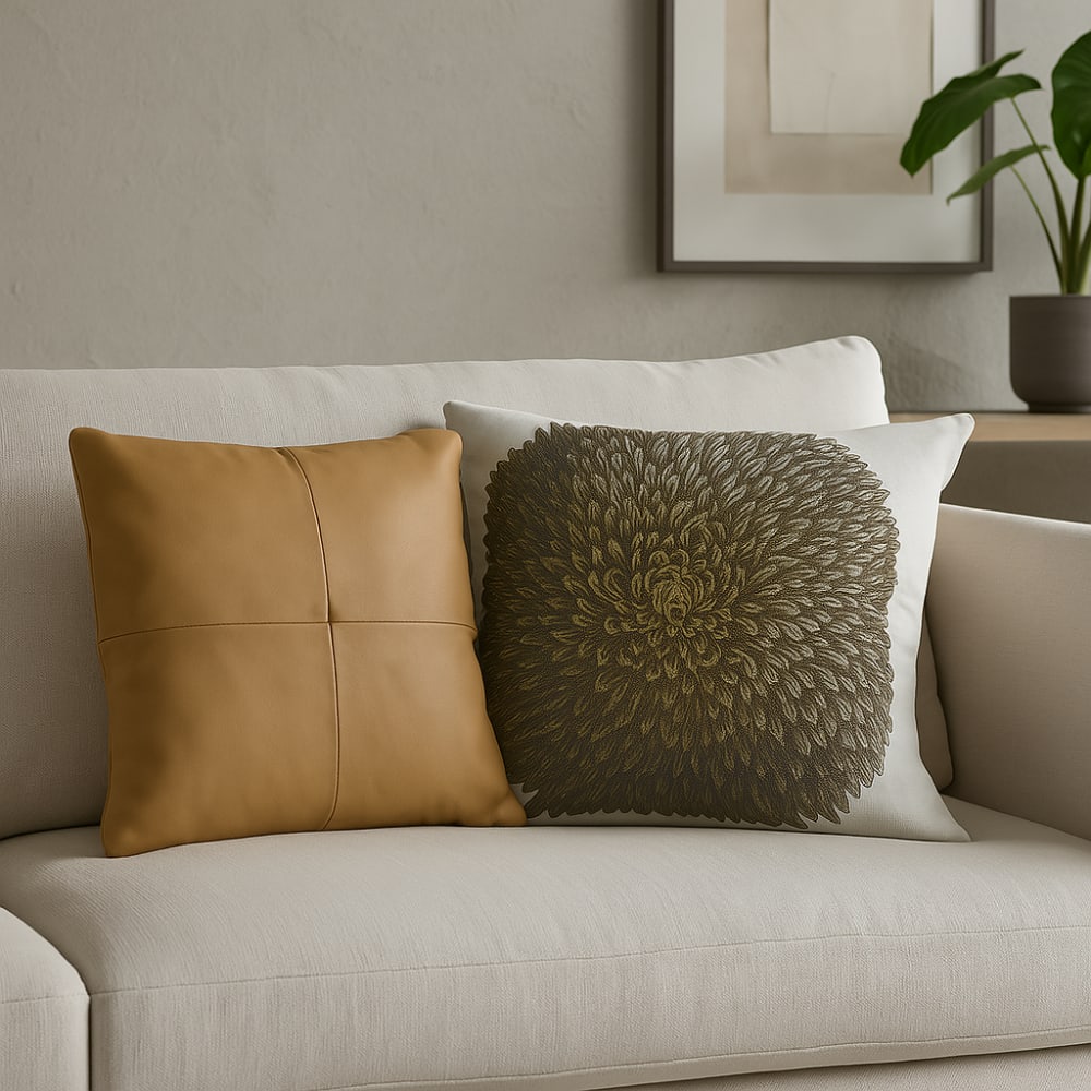 Housse de coussin en coton et cuir marron 40x40 — vue 3