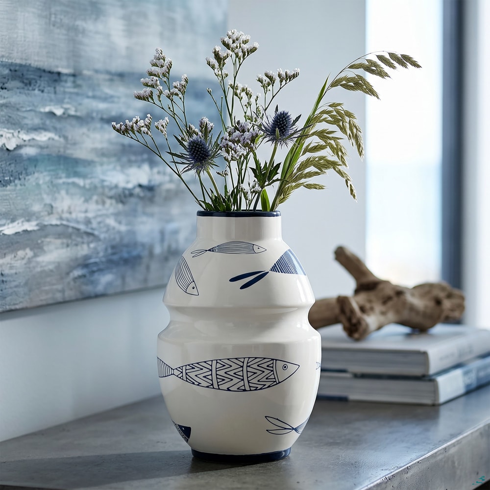 jarron de ceramica blanca con peces o 15x24 cm