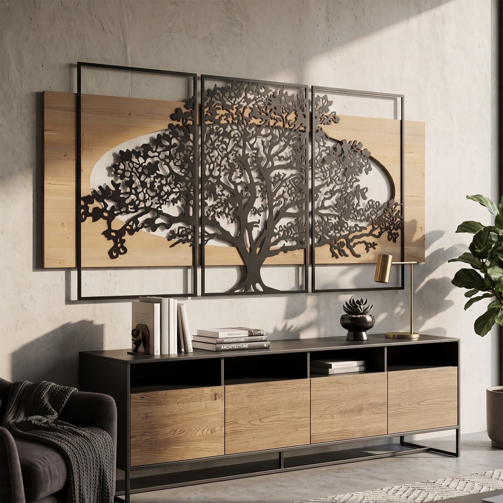Mauro Ferretti 3er Set Wand-Dekoration aus Metall und Holz cm 176x2x90 style modern Schwarz Metall