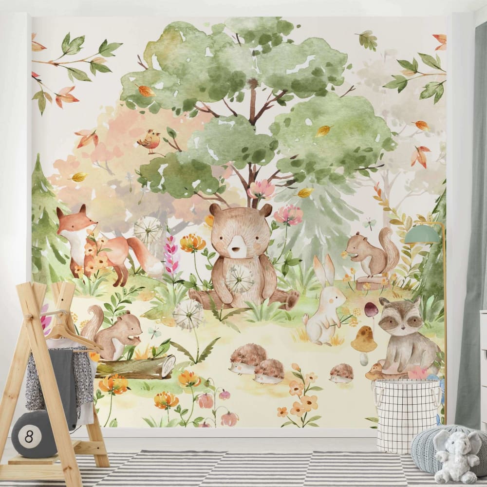 micasia Fototapete aus Vlies - Aquarell Waldtiere, bunt 192 x 192 cm MEHRFARBIG Öko-Tex Zertifikat VLIES Kinder