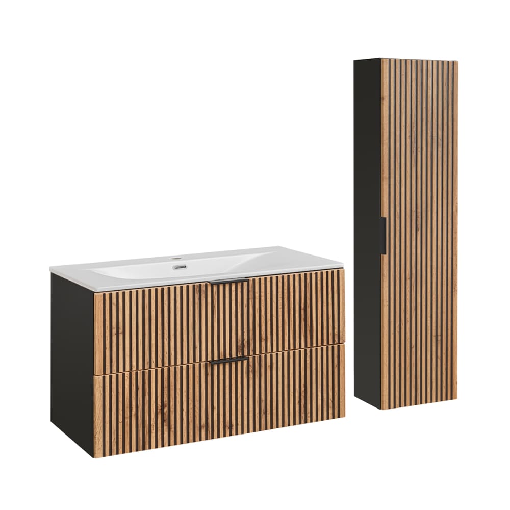 Ensemble meuble vasque encastrée colonne stratifiés beige noir