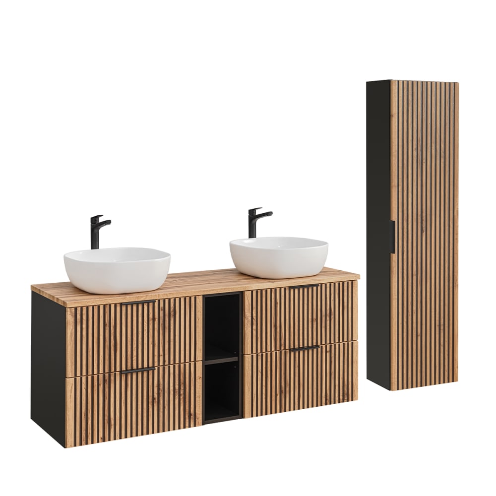 Ensemble meuble double vasque colonne stratifiés beige noir