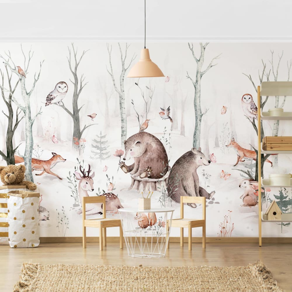 micasia Fototapete aus Vlies - Aquarell Waldtierfreunde, braun 336 x 225 cm Öko-Tex Zertifikat Vlies Kinder
