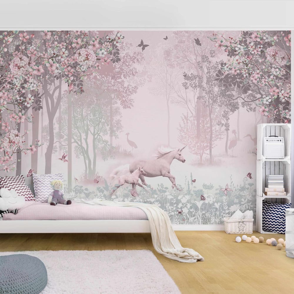 micasia Fototapete aus Vlies - Einhorn auf Blumenwiese in Rosa 384 x 255 cm ROSA Öko-Tex Zertifikat VLIES Kinder