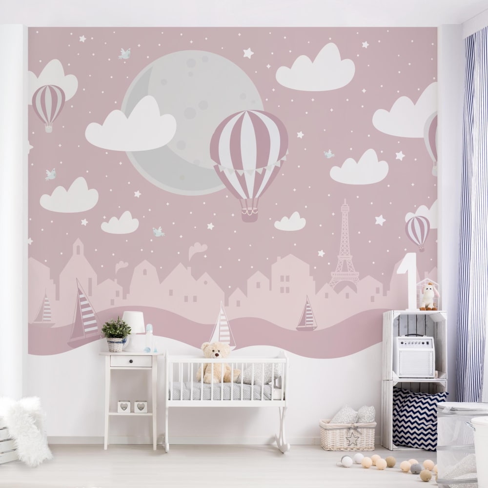 micasia Fototapete - Paris mit Sternen und Heißluftballon in Rosa 240 x 240 cm ROSA Öko-Tex Zertifikat VLIES Kinder