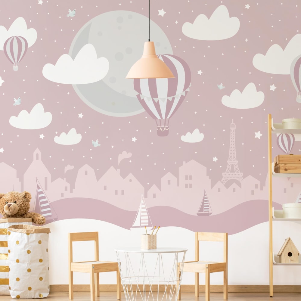 Fototapete - Paris mit Sternen und Heißluftballon in Rosa 240 x