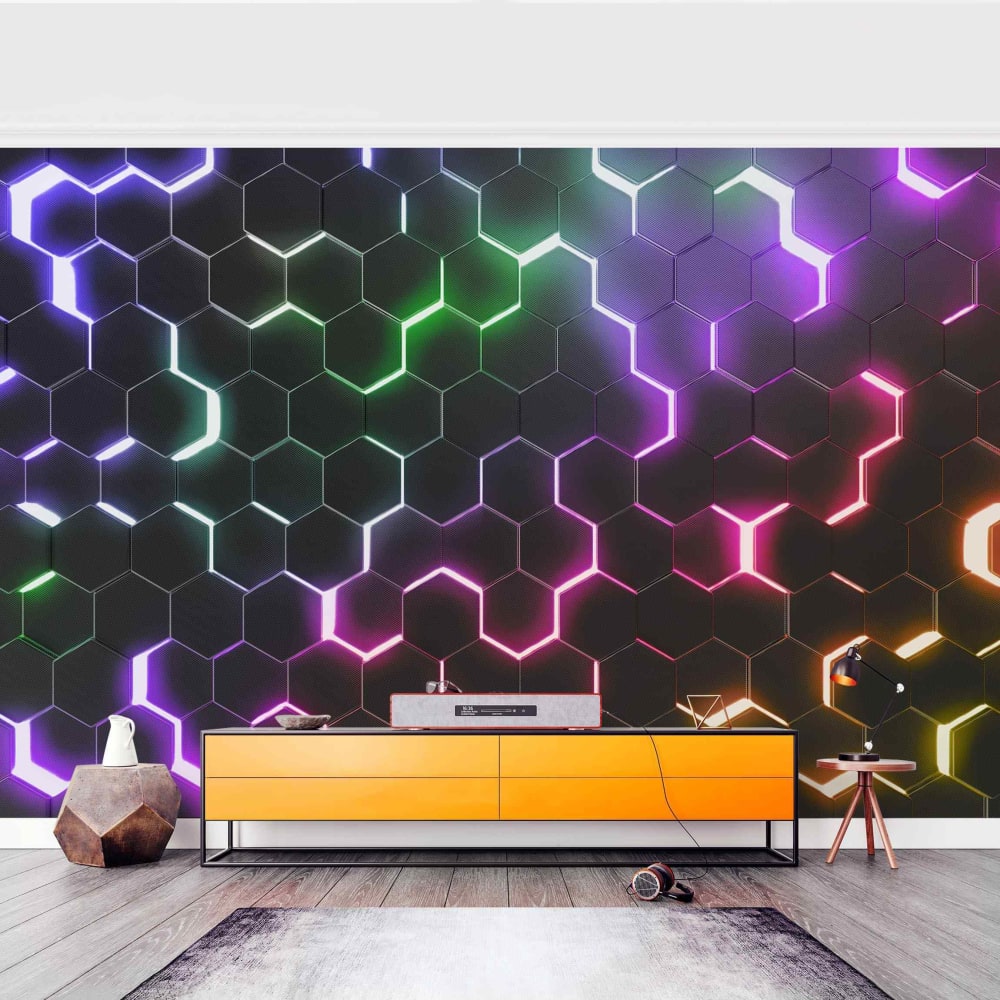 micasia Fototapete - Strukturierte Hexagone mit Neonlicht, schwarz 384x255 cm Öko-Tex Zertifikat - Vlies