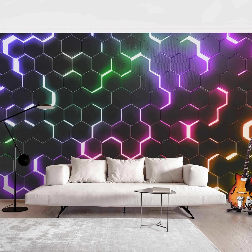 Fototapete - Strukturierte Hexagone mit Neonlicht, schwarz