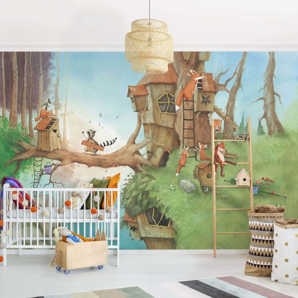micasia Fototapete - Wassili Waschbär - Wassili und Familie Fuchs 432 x 290 cm BRAUN Öko-Tex Zertifikat VLIES Kinder