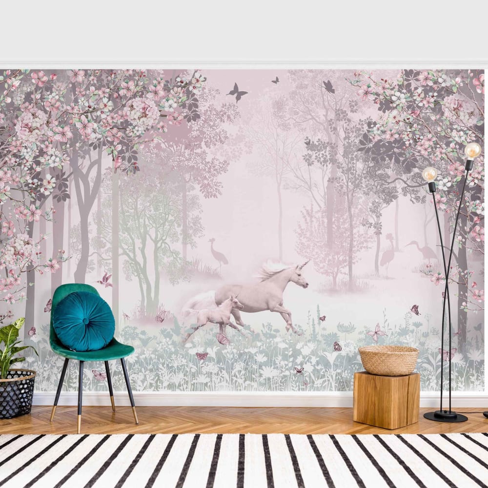 Fototapete aus Vlies - Einhorn auf Blumenwiese in Rosa 336 x 225