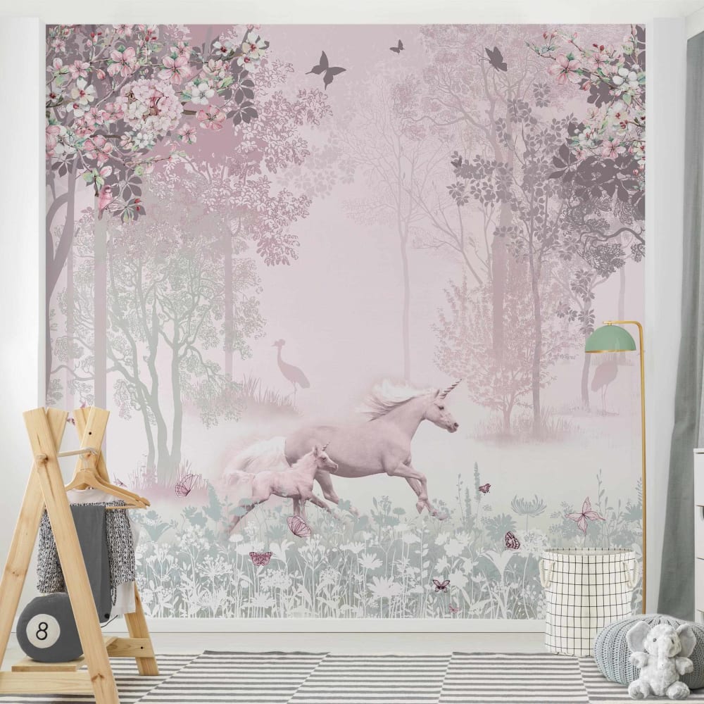 micasia Fototapete aus Vlies - Einhorn auf Blumenwiese in Rosa 240 x 240 cm ROSA Öko-Tex Zertifikat VLIES Kinder