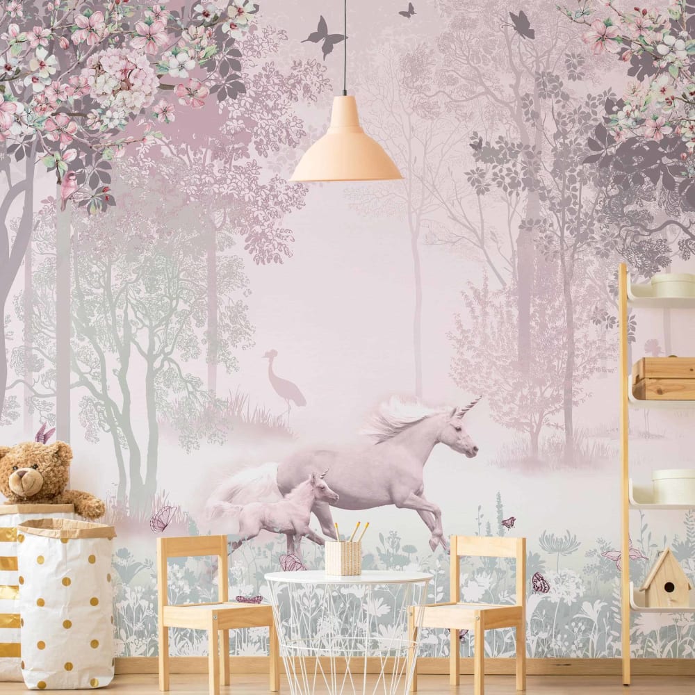 Fototapete aus Vlies - Einhorn auf Blumenwiese in Rosa 192 x 192