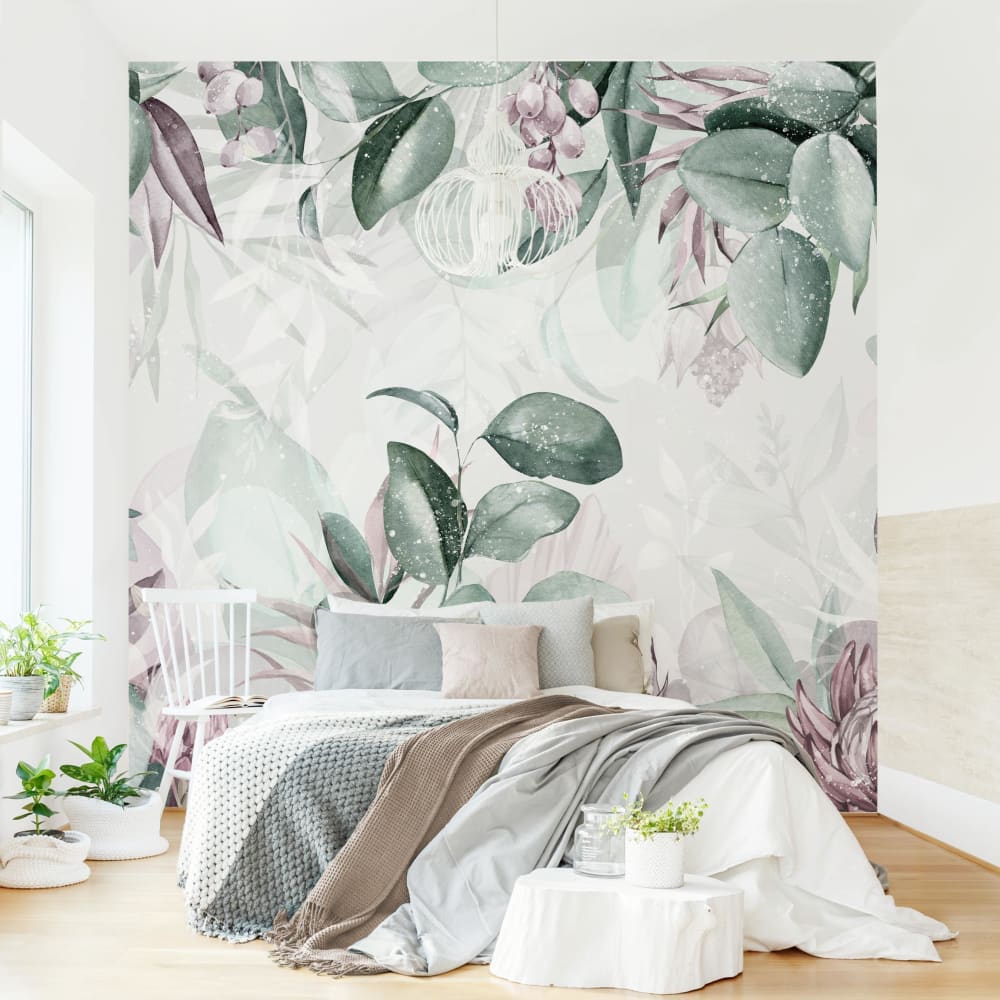 micasia Fototapete aus Vlies - Botanik in Pastell Grün & Rosa 240 x 240 cm Grün Öko-Tex Zertifikat Vlies