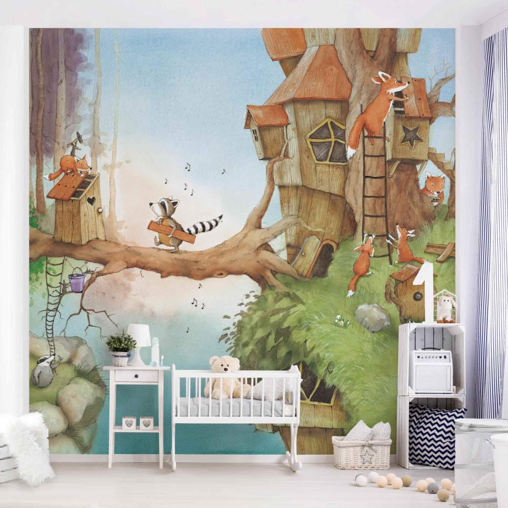 micasia Fototapete - Wassili Waschbär - Wassili und Familie Fuchs 192 x 192 cm BRAUN Öko-Tex Zertifikat VLIES Kinder