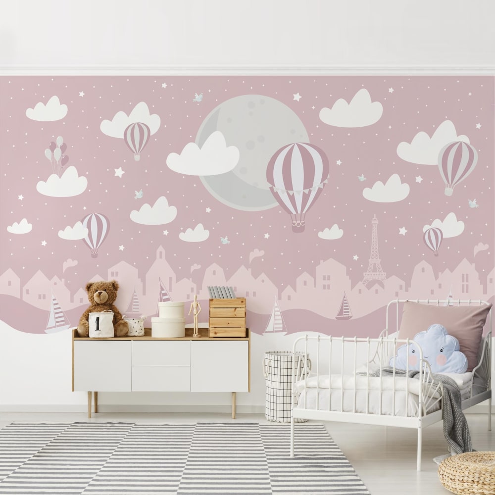 micasia Fototapete - Paris mit Sternen und Heißluftballon in Rosa 432 x 290 cm ROSA Öko-Tex Zertifikat VLIES Kinder