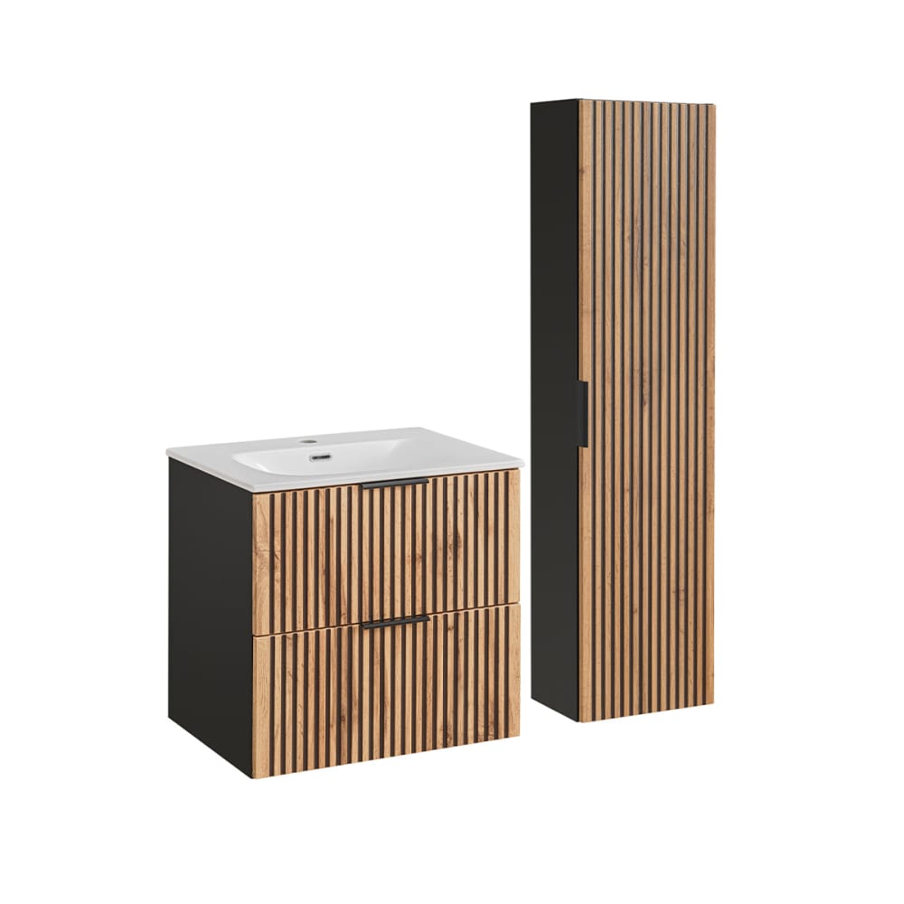 Ensemble meuble vasque encastrée colonne stratifiés naturel noir