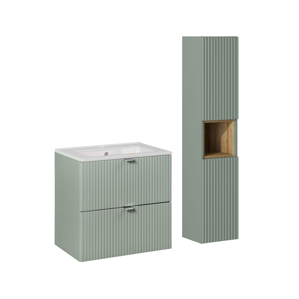 Ensemble meuble vasque encastrée 2 tiroirs colonne stratifiés vert