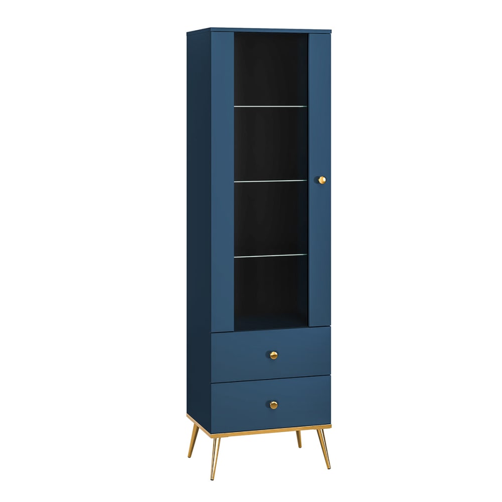Vitrine 1 porte 2 tiroirs mélaminé bleu