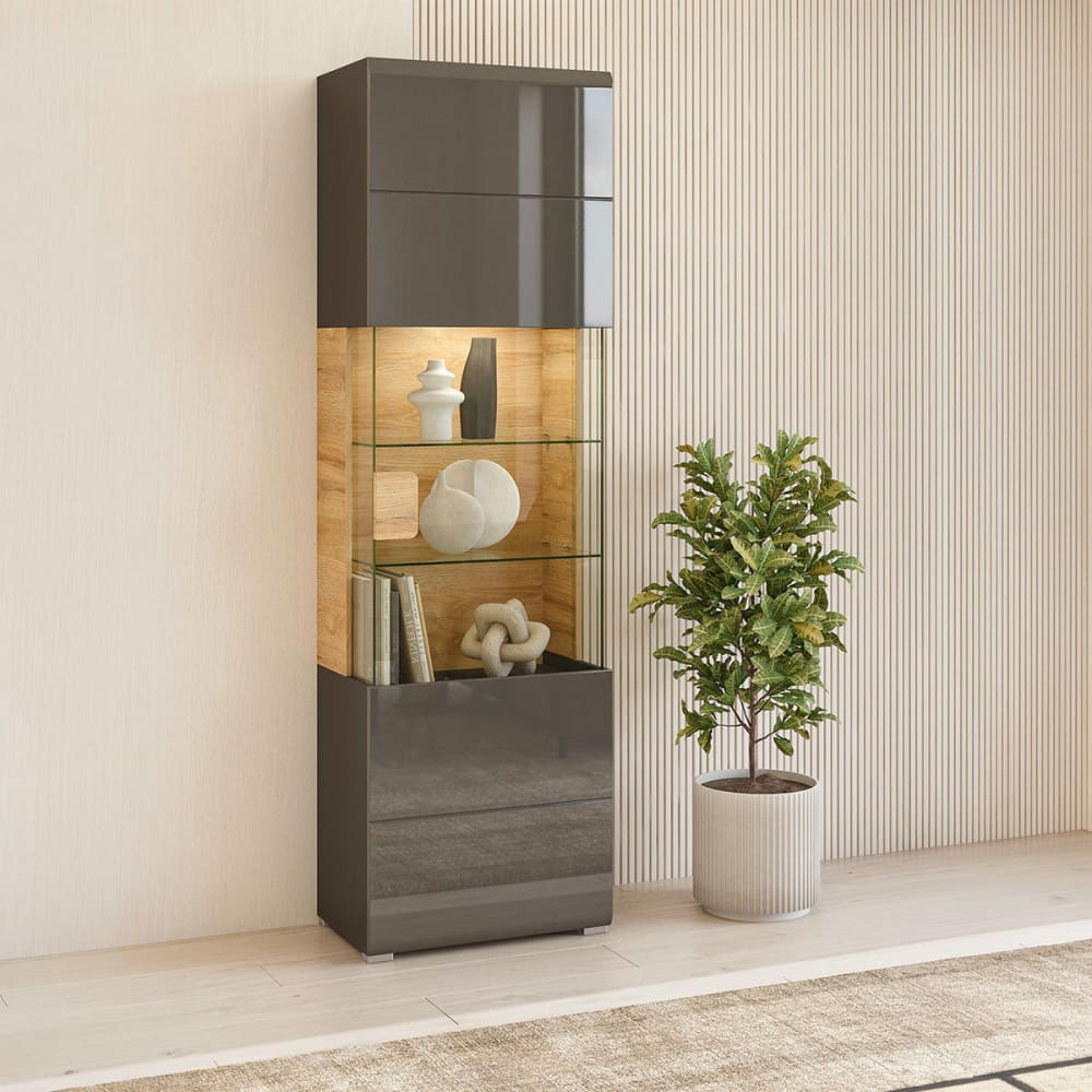 Vitrine 1 Tür mit LED Laminierte Spanplatten Grau und Holz -