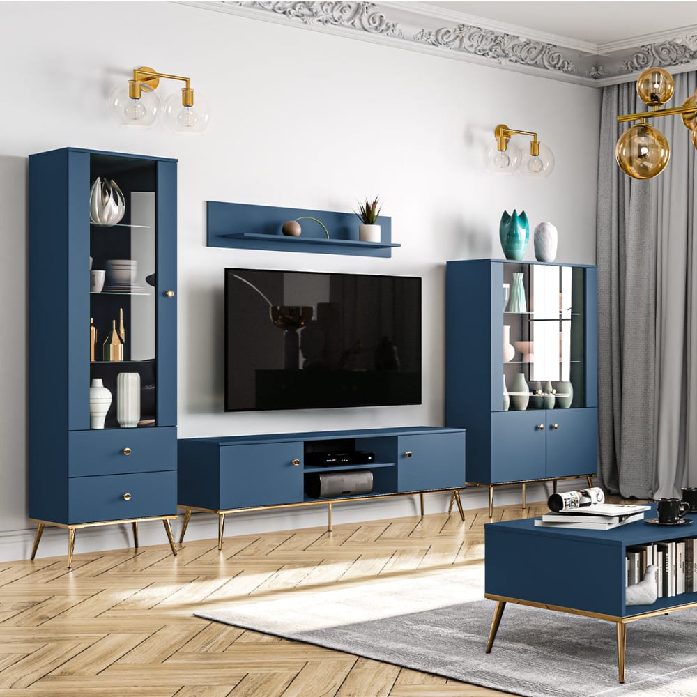 Meuble tv 2 portes 160 cm mélaminé bleu - Maisons du Monde