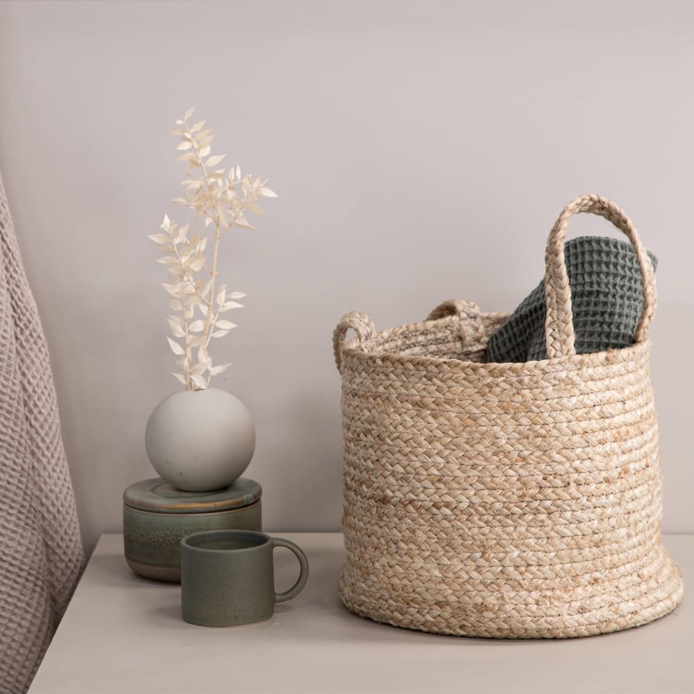 Panier de rangement en jute beige H 28 cm