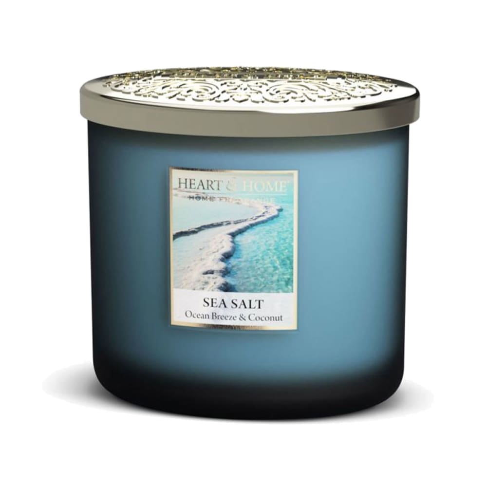 Heart and home Bougie parfumée à la cire de soja bleue senteur sels marins H10 style classique chic - Verre